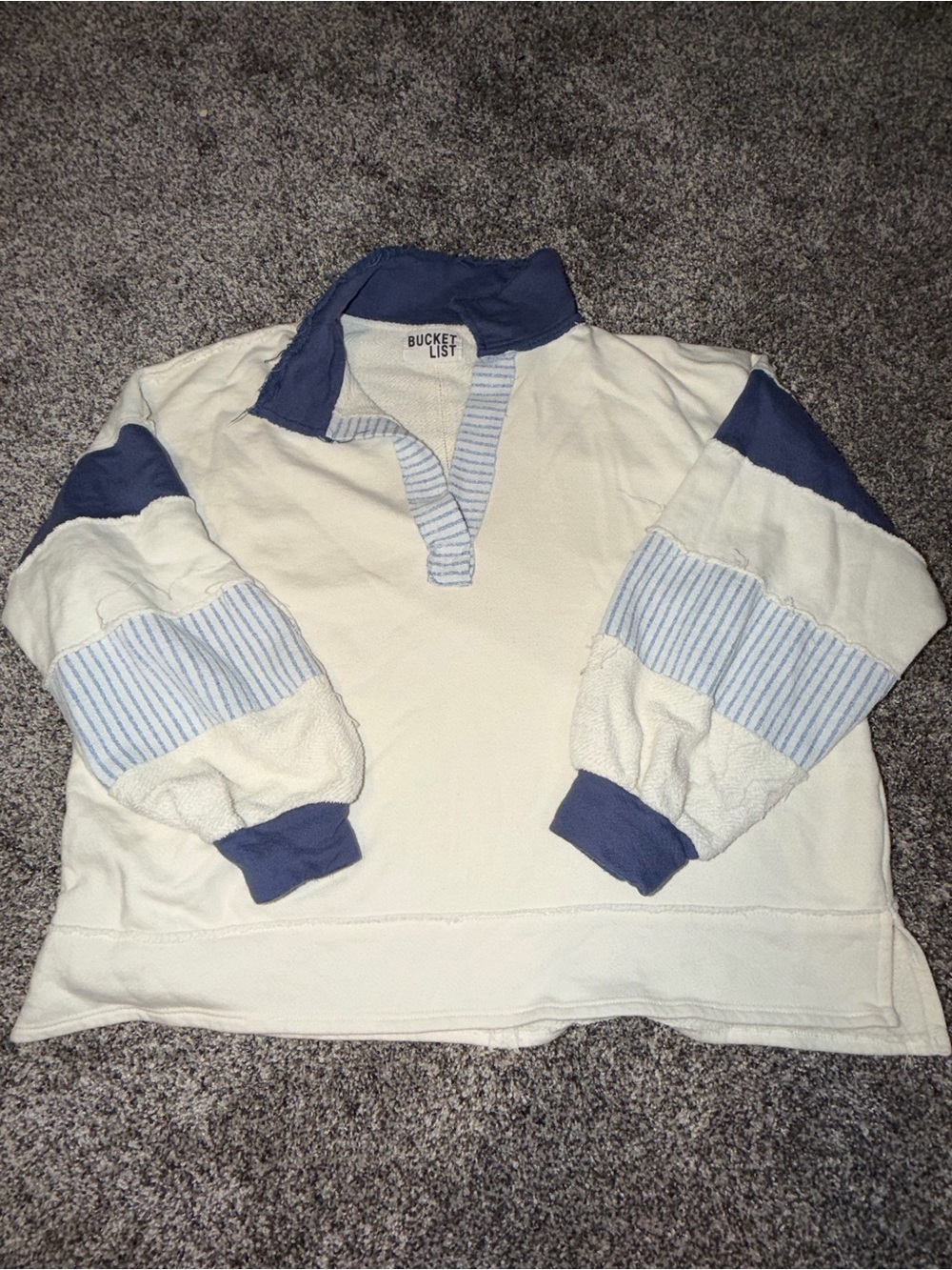 BUCKETLIST White Long Sleeve Pullover with Navy Accents